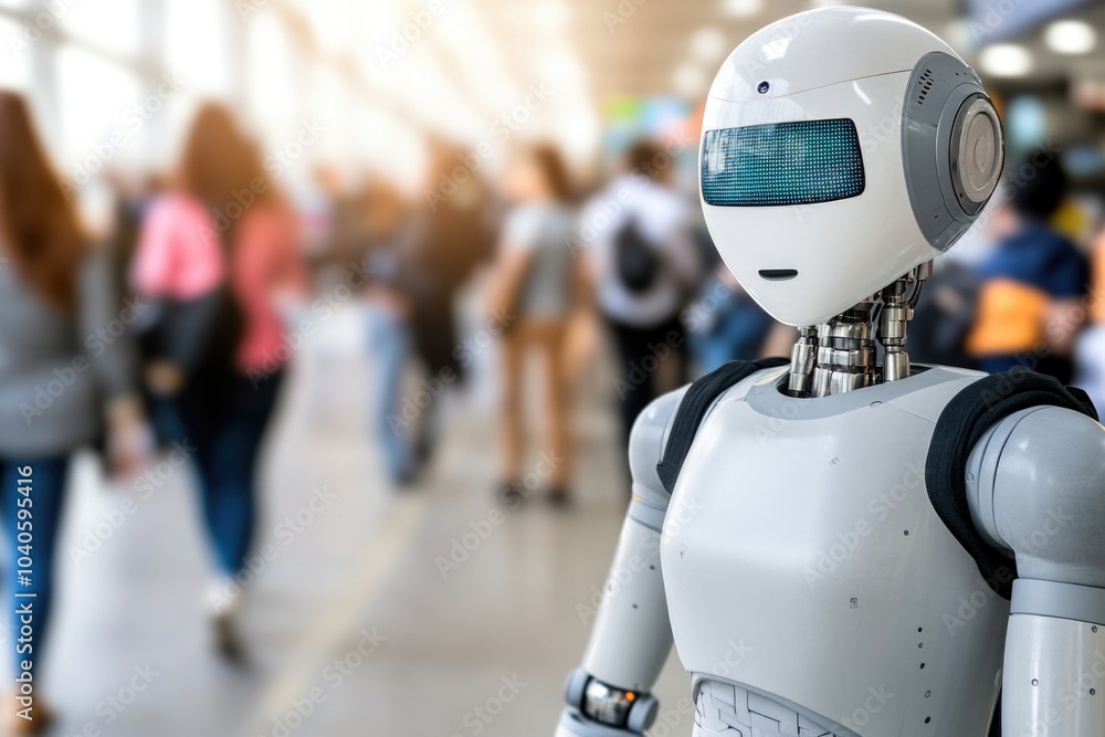 Futuristic robot interacting in a busy urban environment Futuristic robot interacting in a busy urban environment