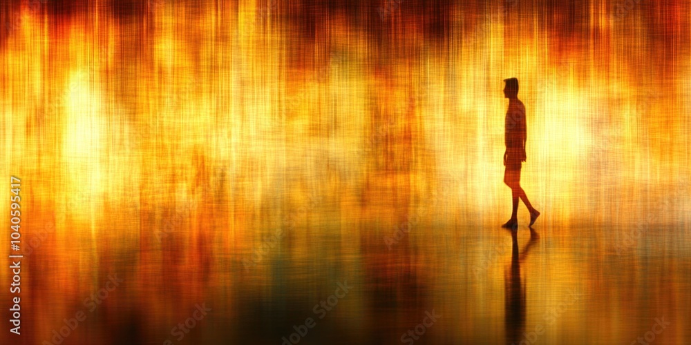 Silhouette of a person walking against fiery sunset reflection Silhouette of a person walking against fiery sunset reflection