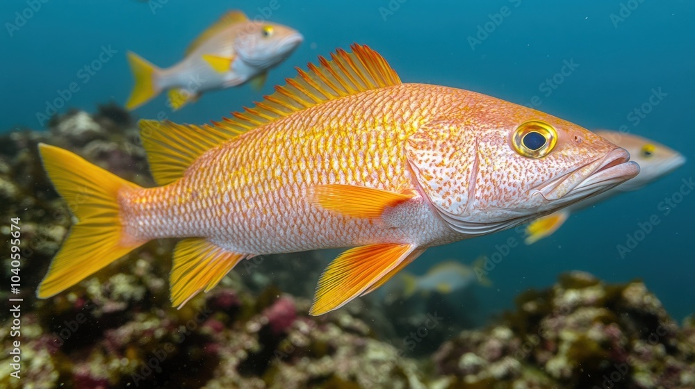 Vibrant orange fish swimming in a coral reef environment. Vibrant orange fish swimming in a coral reef environment.