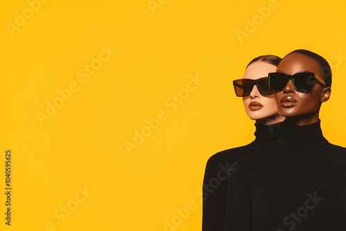 Models wearing black turtlenecks and sunglasses on yellow background. Minimal fashion portrait. Modern style concept for world shopping day campaign with geometric composition photo