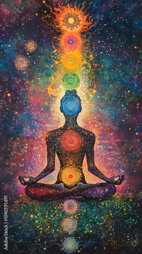 A meditative figure with vibrant chakras aligned, surrounded by cosmic elements and colorful patterns in a serene atmosphere
