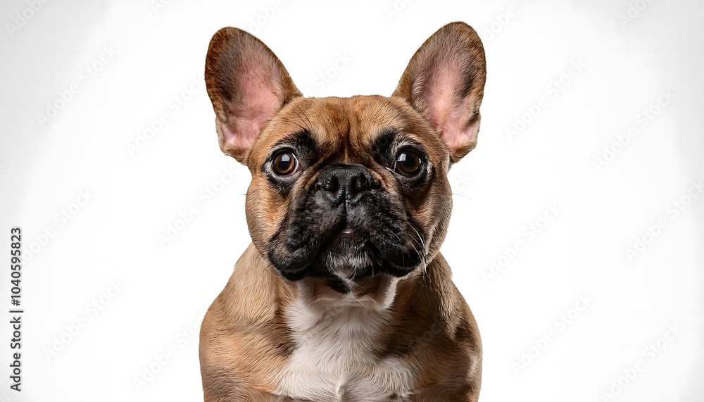 French Bulldog sitting with ears perked up on a clean white background, looking curiously ahead French Bulldog sitting with ears perked up on a clean white background, looking curiously ahead