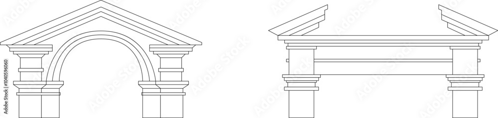 Ancient pediments. Greek or roman architecture temple facade with ancient pillars. Antique architectural. Vintage architecture of Greek culture. Simple linear vector illustration collection isolated Ancient pediments. Greek or roman architecture temple facade with ancient pillars. Antique architectural. Vintage architecture of Greek culture. Simple linear vector illustration collection isolated