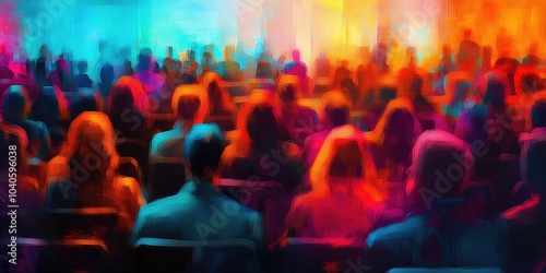Wallpaper Mural A seminar room filled with a large audience, depicted with defocused, vibrant lighting and abstract elements. Torontodigital.ca