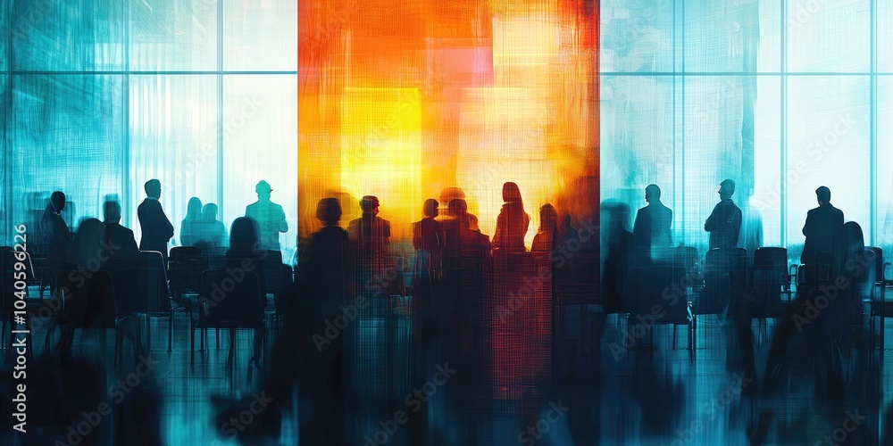 Blurred figures at a press conference, depicted with soft, ambient lighting and abstract details in the background. Blurred figures at a press conference, depicted with soft, ambient lighting and abstract details in the background.