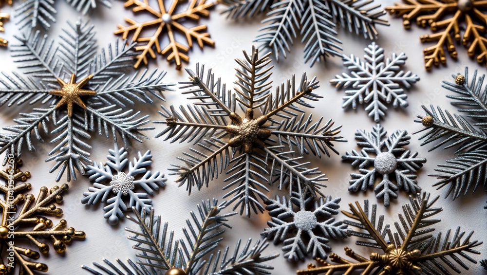 pattern with snowflakes from pine branches, Christmas art, gold and gray blue
