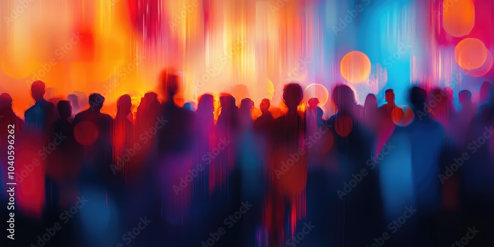 A concept of a crowded business meeting, with blurred attendees and vibrant lights highlighting the abstract setting. A concept of a crowded business meeting, with blurred attendees and vibrant lights highlighting the abstract setting.