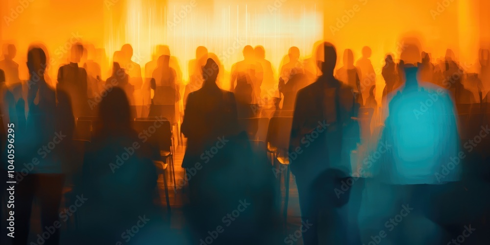 Blurred figures at a corporate seminar, with soft lighting and abstract elements enhancing the atmosphere. Blurred figures at a corporate seminar, with soft lighting and abstract elements enhancing the atmosphere.