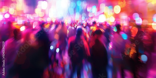 A concept of a crowded business meeting, with blurred attendees and vibrant lights highlighting the abstract setting.