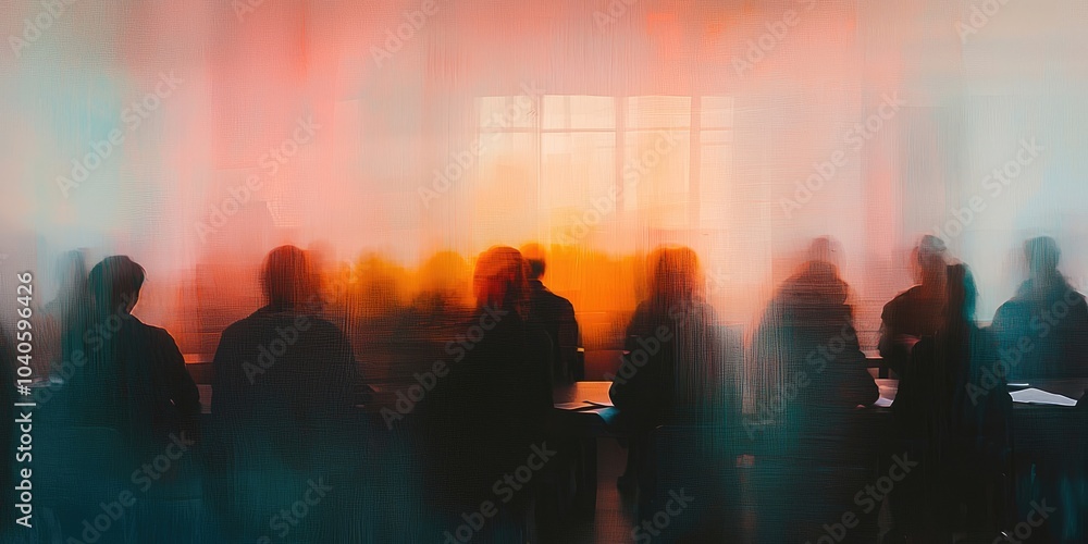 A classroom seminar scene, with students and lecturers captured in a soft, blurred image and abstract background elements. A classroom seminar scene, with students and lecturers captured in a soft, blurred image and abstract background elements.