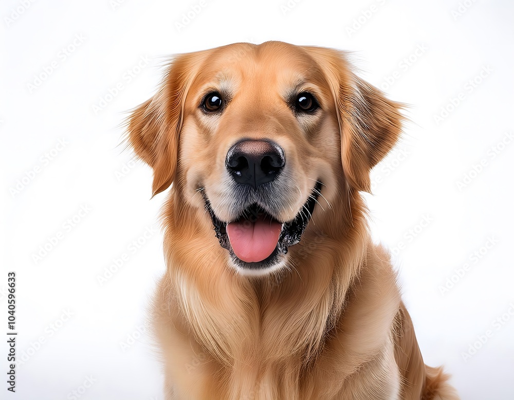 Golden Retriever dog sitting on a white background, looking happy and friendly with a wagging tail Golden Retriever dog sitting on a white background, looking happy and friendly with a wagging tail