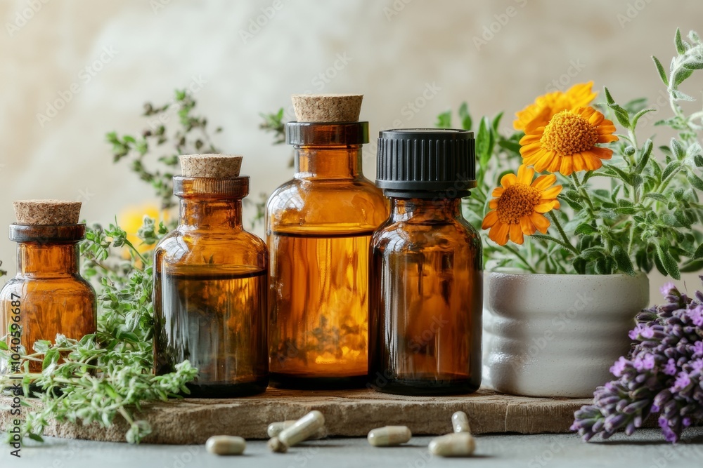 Natural essential oils and herbal supplements displayed on a wooden surface with fresh flowers and herbs in a bright setting Natural essential oils and herbal supplements displayed on a wooden surface with fresh flowers and herbs in a bright setting