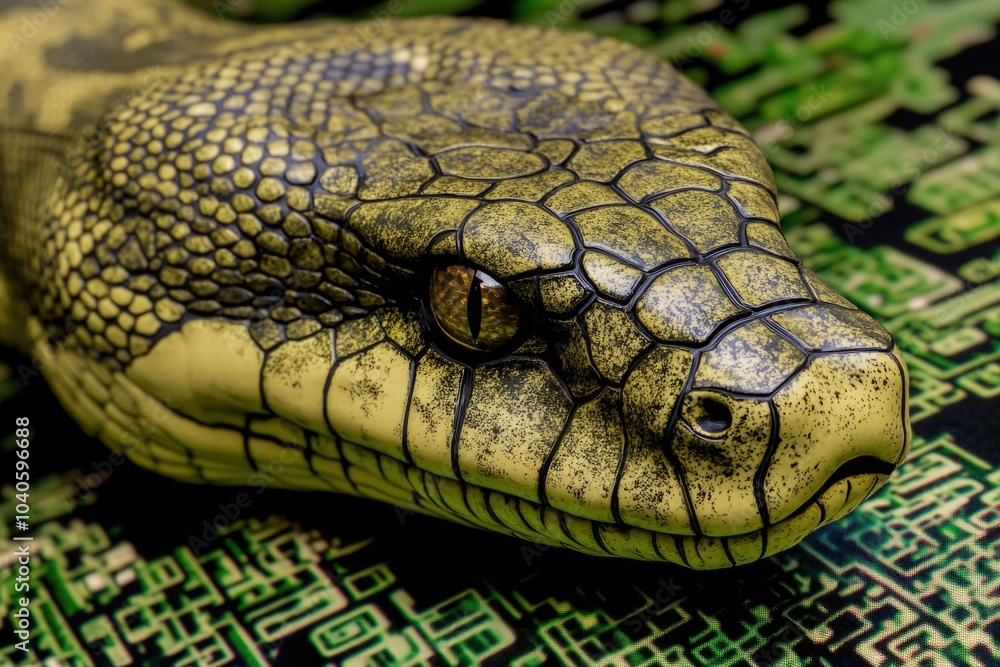 Close-up of a python head on circuit board background Close-up of a python head on circuit board background
