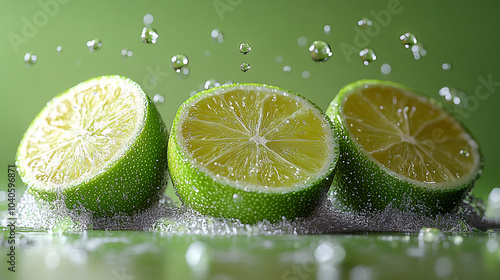 close up of juicy pieces of lime with water splashes photo