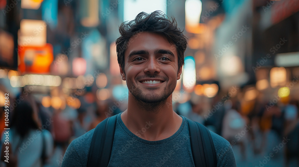 man with a smile, wearing a dark shirt and backpack, in a city street scene man with a smile, wearing a dark shirt and backpack, in a city street scene