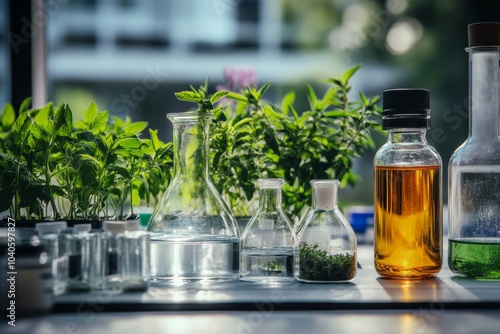 Laboratory setup with various glassware and herbs for scientific experimentation in a natural light environment photo