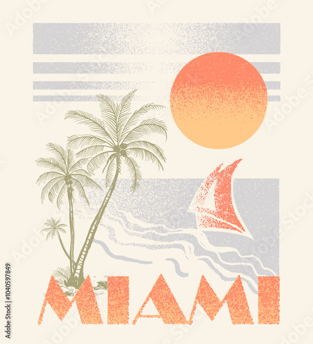 Vintage sunset tropical beach. grunge texture print effects. hand drawn palm tree. summer graphic. palm beach. sunset or sunshine tropical beach. girls vector graphic.  and wome spring summer t-shirt.