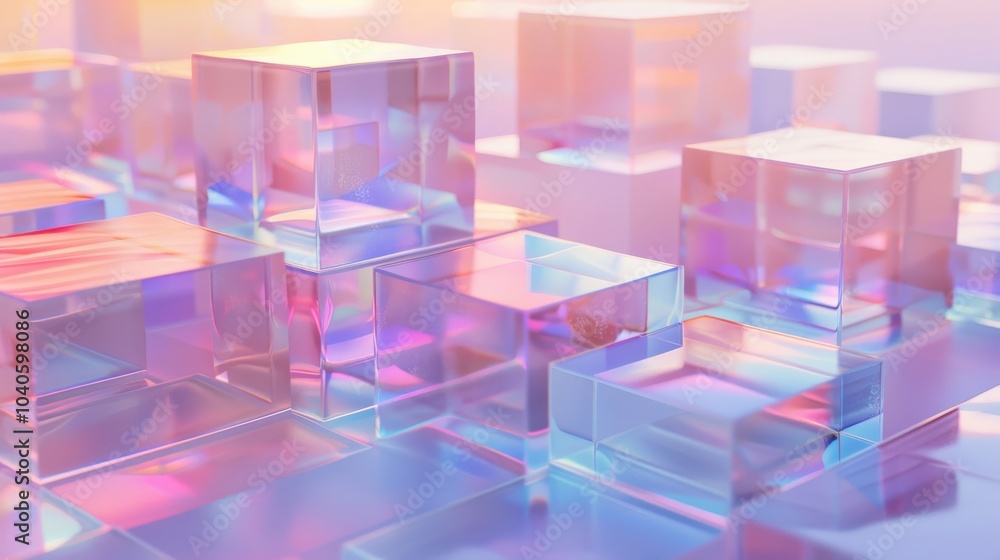 Urban-Inspired Digital Art:  Abstract Cubes in Pastel Nordic Colors, Opalescent Tiles, and Nacre Color Palette