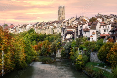 The Fribourg city's Old town on Sarine river, Switzerland photo