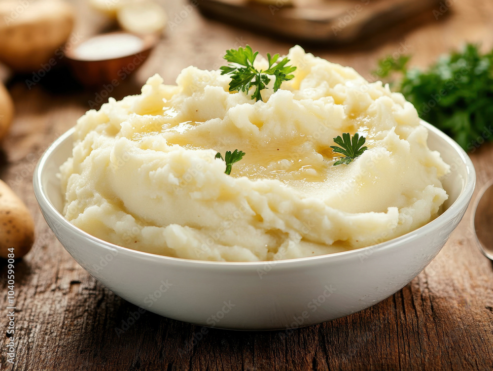 Creamy mashed potatoes topped with fresh herbs and drizzled with olive oil on a rustic wooden table Creamy mashed potatoes topped with fresh herbs and drizzled with olive oil on a rustic wooden table