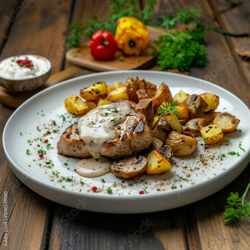 Fried steak, tenderloin with potatoes and grits. Concept template for advertising dishes, haute cuisine menu and restaurants.