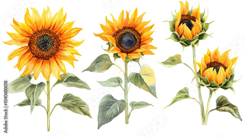 Watercolor Sunflowers Collection Featuring Vibrant Blooms and Buds Generative AI