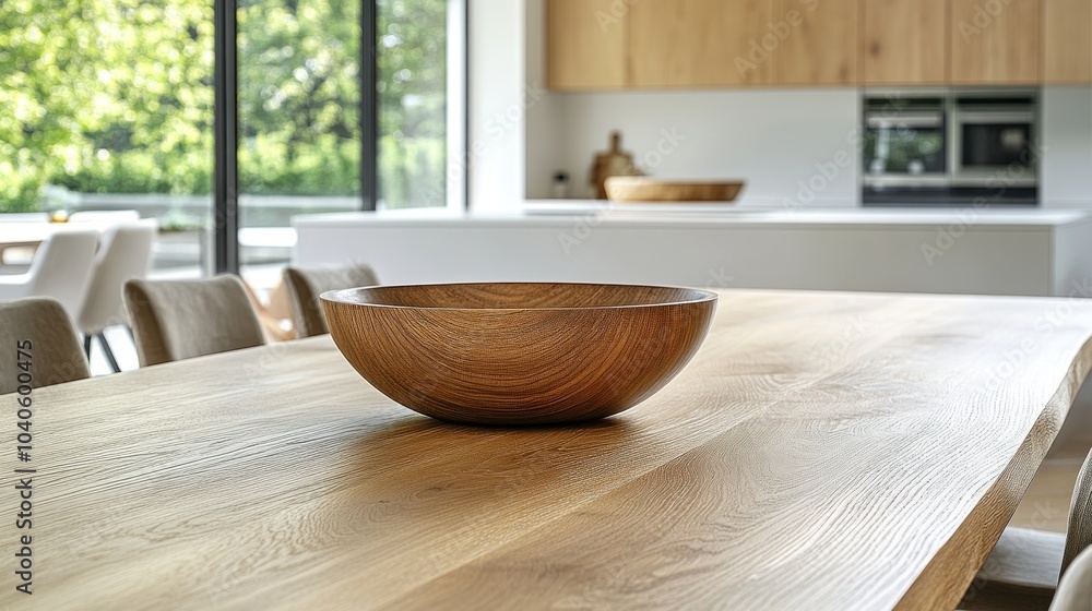 Wooden bowl on a table in a modern kitchen setting. Wooden bowl on a table in a modern kitchen setting.