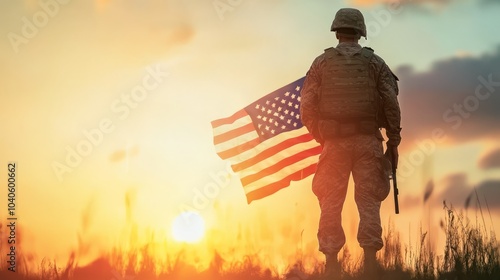 Soldier with American Flag at Sunset