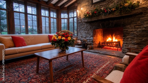 Christmas holiday background. Christmas fireplace