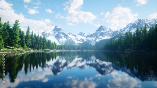 Symmetrical Tranquility of Nature: Perfect Reflection of Forest and Mountains in a Serene Lake