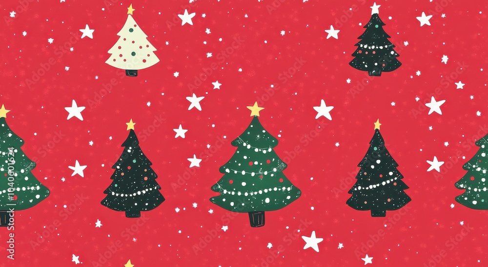 Festive Christmas tree pattern on vibrant red background with stars Festive Christmas tree pattern on vibrant red background with stars