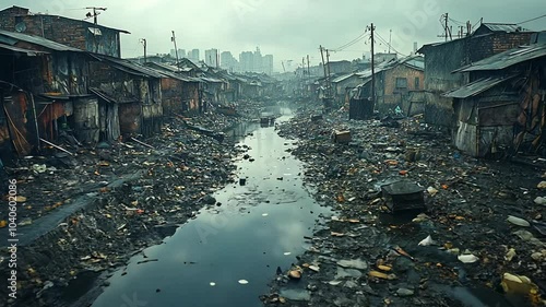 A depressing aerial view of slums with a polluted river and garbage.