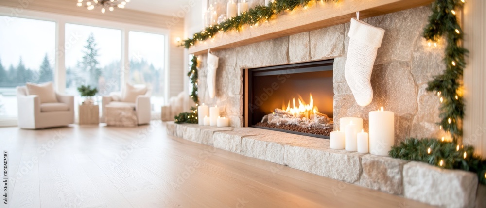 Fototapeta premium Christmas holiday background. Christmas fireplace