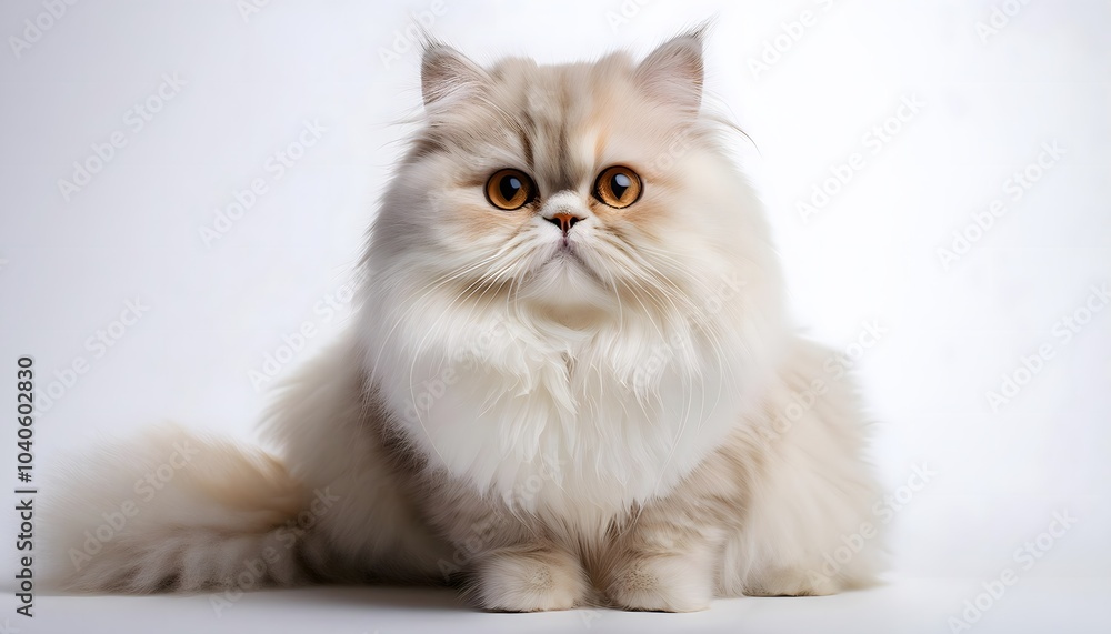 Fototapeta premium Persian cat sitting elegantly on a white background with fluffy fur and bright eyes