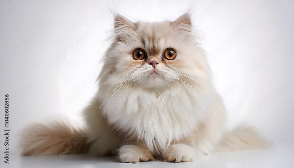 Fototapeta premium Persian cat sitting elegantly on a white background with fluffy fur and bright eyes
