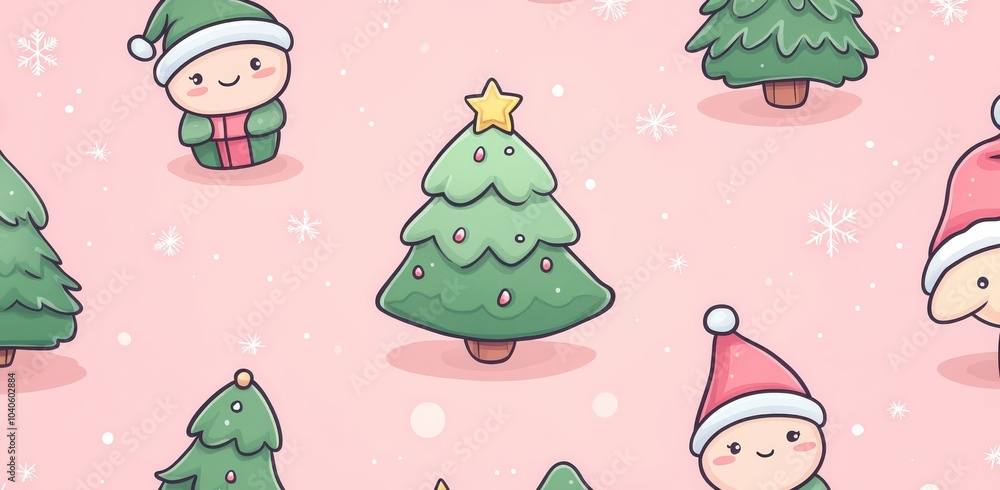 Seamless pattern of adorable Christmas trees with cute characters in holiday attire on a pastel pink background, conveying a festive and joyful atmosphere perfect for holiday design projects. Seamless pattern of adorable Christmas trees with cute characters in holiday attire on a pastel pink background, conveying a festive and joyful atmosphere perfect for holiday design projects.