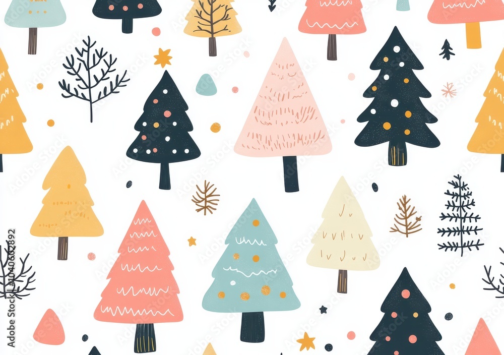 Seamless pattern of colorful Christmas trees and festive elements on white background Seamless pattern of colorful Christmas trees and festive elements on white background