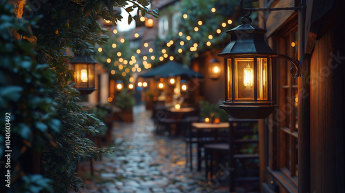  paved alleyway, lit by string lights and lanterns, with outdoor seating and greenery. Cozy and romantic