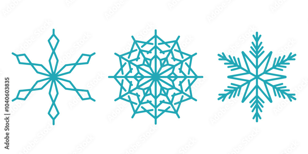 Fototapeta premium Beautiful snowflakes set, detailed hand drawn flat vector line illustration. Graphic outline drawing. Christmas and New Year symbol. Unique snowflake silhouette icon for frosty winter designs.