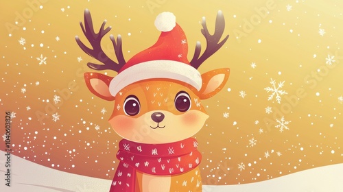 An Adorable and Cute Cartoon Reindeer Happily Wearing a Santa Hat Along with a Colorful Scarf
