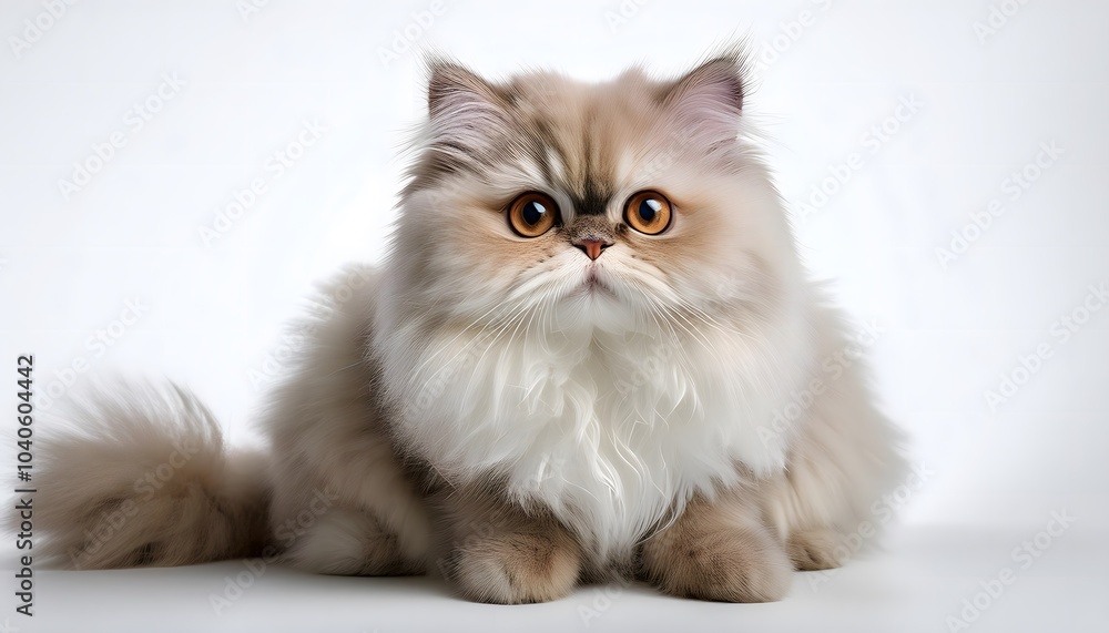 Persian cat sitting elegantly on a white background with fluffy fur and bright eyes Persian cat sitting elegantly on a white background with fluffy fur and bright eyes
