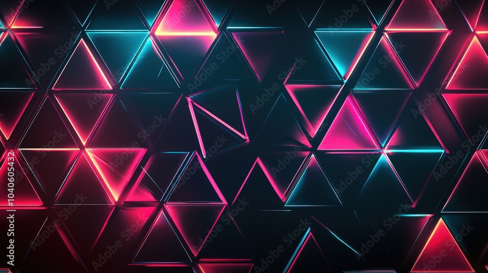 Futuristic pattern with glowing neon triangles overlaid on a dark background Futuristic pattern with glowing neon triangles overlaid on a dark background