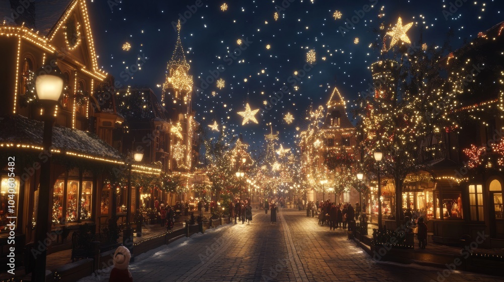 Enchanting holiday lights illuminate a festive streetscape filled with joy during winter celebrations at night in a charming town Enchanting holiday lights illuminate a festive streetscape filled with joy during winter celebrations at night in a charming town