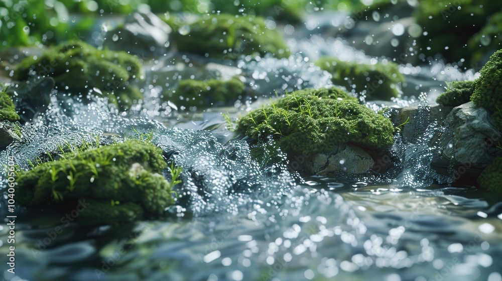 Fototapeta premium A detailed close-up of a freshwater stream with moss-covered rocks, small fish darting through the water, and aquatic plants swaying gently with the current