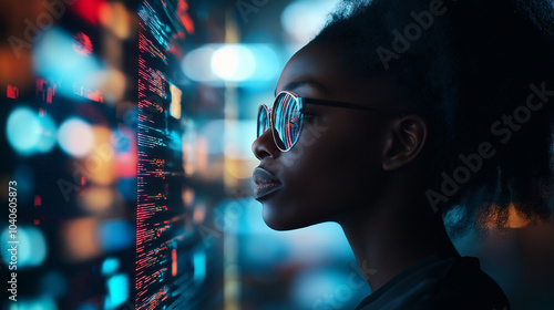 A woman wearing glasses looking at a wall of colorful lights and data