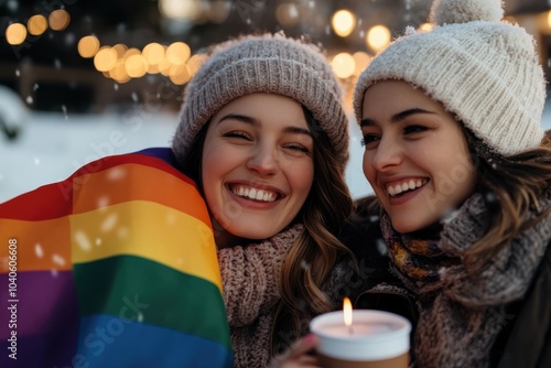 Two friends beam with joy as they hold warm cups, surrounded by a winter wonderland, a rainbow flag symbolizing pride and friendship draped over them.