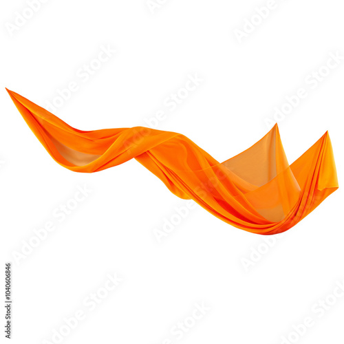 Orange Silk fabric, transparent cloth, gracefully flowing in a wave pattern. Fashionable satin drapery, motion of a flying scarf, chiffon veil isolated against a transparent background.
