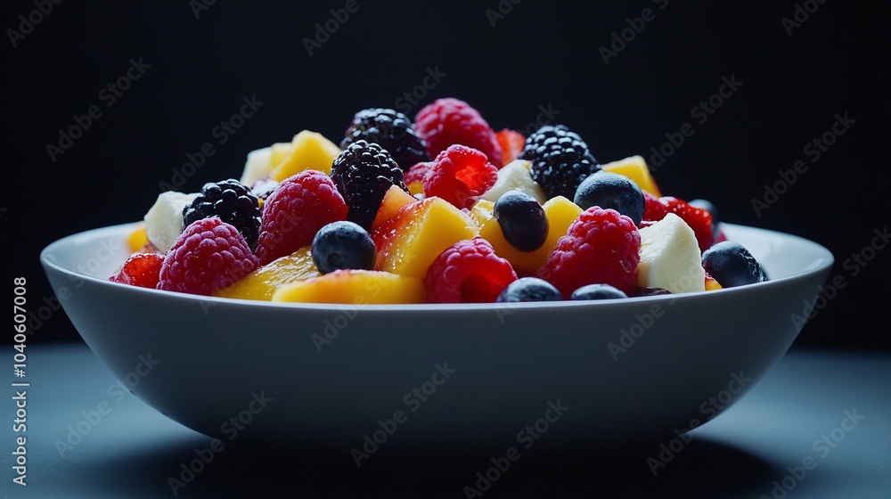 A bowl of fresh fruit salad with peaches, raspberries, blackberries, and blueberries. A bowl of fresh fruit salad with peaches, raspberries, blackberries, and blueberries.