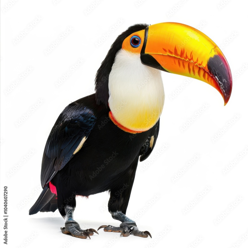 Naklejka premium A close-up of a toucan reveals its striking beak and bright plumage, beautifully highlighted by a gentle, pale backdrop.
