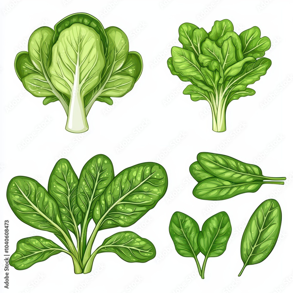 Assorted leafy greens on a white isolate background, including lettuce and spinach varieties. Assorted leafy greens on a white isolate background, including lettuce and spinach varieties.